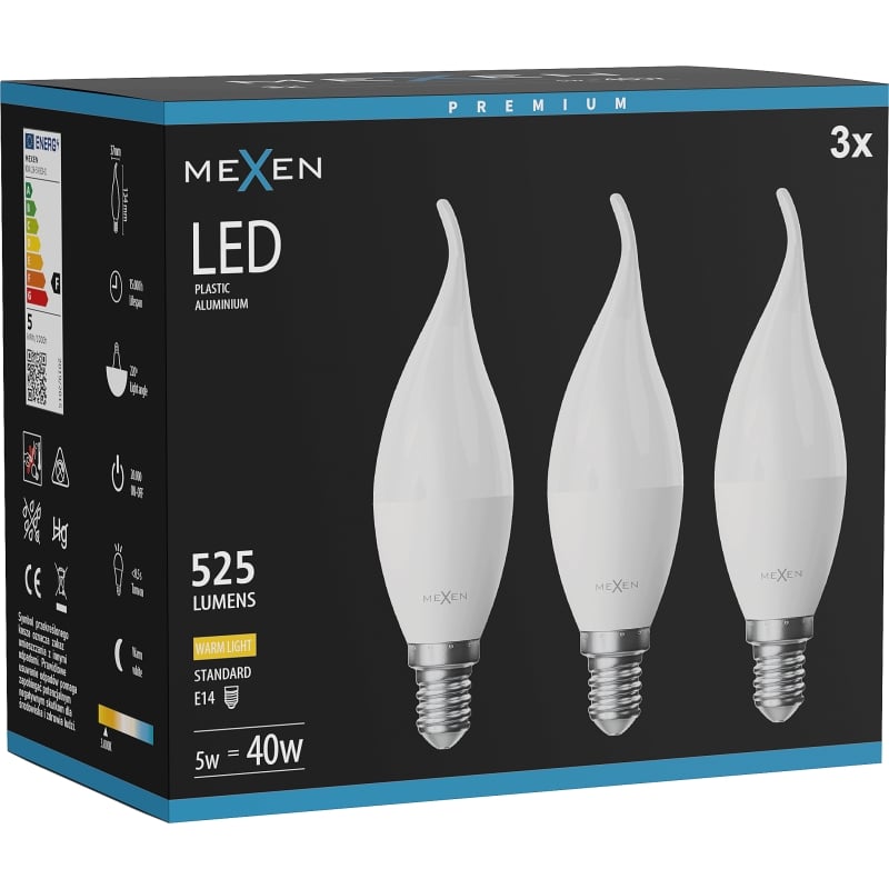 Mexen Nova 3x Ampoule LED flamme E14, C37, 5W, Chaude - 3000K, 525 lm - L106-E14-0530-01x03