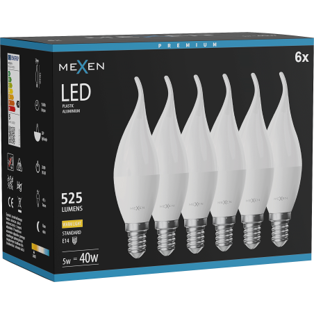 Mexen Nova 6x Ampoule LED flamme E14, C37, 5W, Chaude - 3000K, 525 lm - L106-E14-0530-01x06