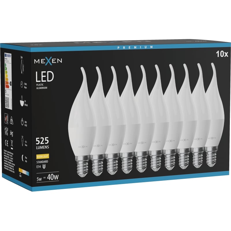 Mexen Nova 10x Ampoule LED flamme E14, C37, 5W, Chaude - 3000K, 525 lm - L106-E14-0530-01x10