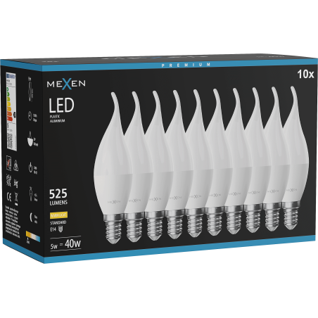 Mexen Nova 10x Ampoule LED flamme E14, C37, 5W, Chaude - 3000K, 525 lm - L106-E14-0530-01x10