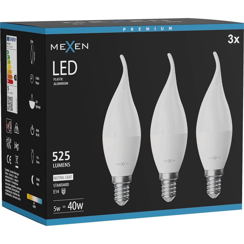 Mexen Nova 3x ampoule LED flamme E14, C37, 5W, Neutre - 4000K, 525 lm - L106-E14-0540-01x03