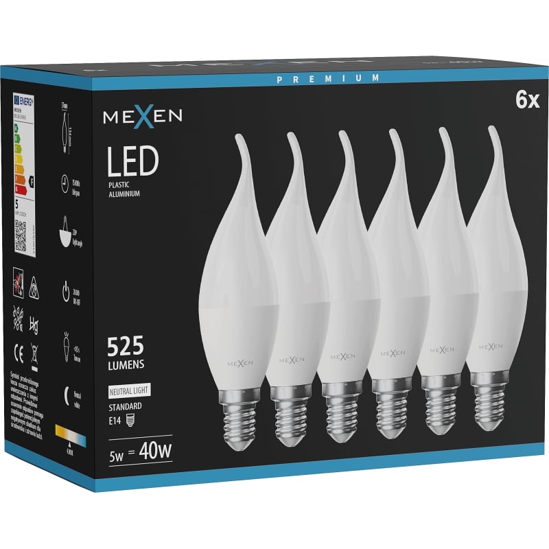 Mexen Nova 6x Ampoule LED flamme E14, C37, 5W, Neutre - 4000K, 525 lm - L106-E14-0540-01x06