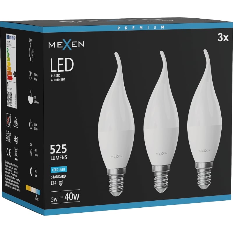 Mexen Nova 3x Ampoule LED flamme E14, C37, 5W, Froid - 6500K, 525 lm - L106-E14-0565-01x03