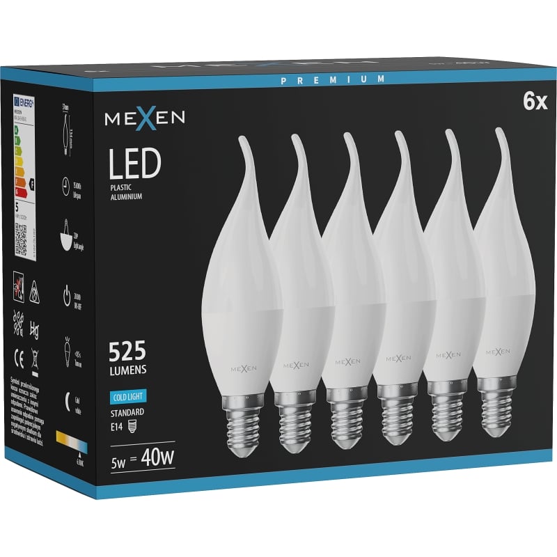Mexen Nova 6x Ampoule LED flamme E14, C37, 5W, Froide - 6500K, 525 lm - L106-E14-0565-01x06