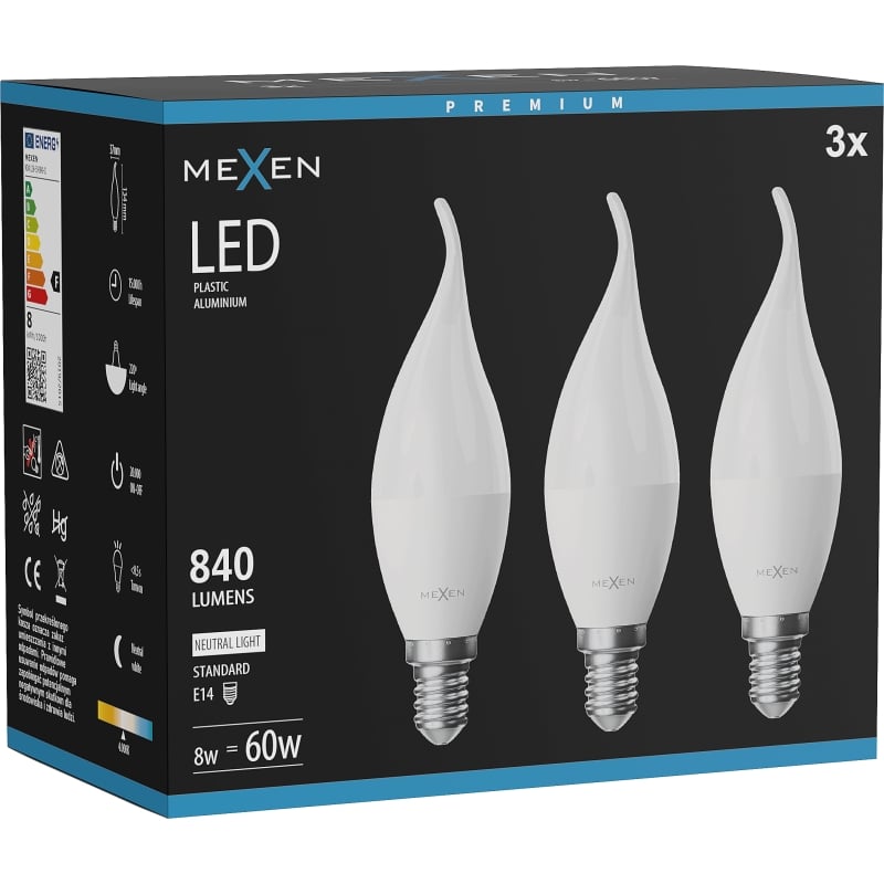 Mexen Nova 3x Ampoule LED flamme E14, C37, 8W, Neutre - 4000K, 840 lm - L106-E14-0840-01x03