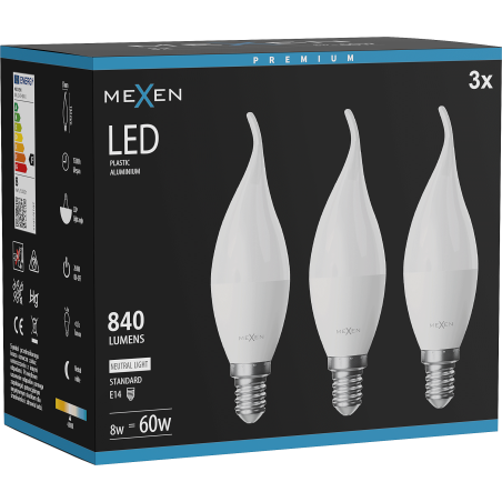 Mexen Nova 3x Ampoule LED flamme E14, C37, 8W, Neutre - 4000K, 840 lm - L106-E14-0840-01x03