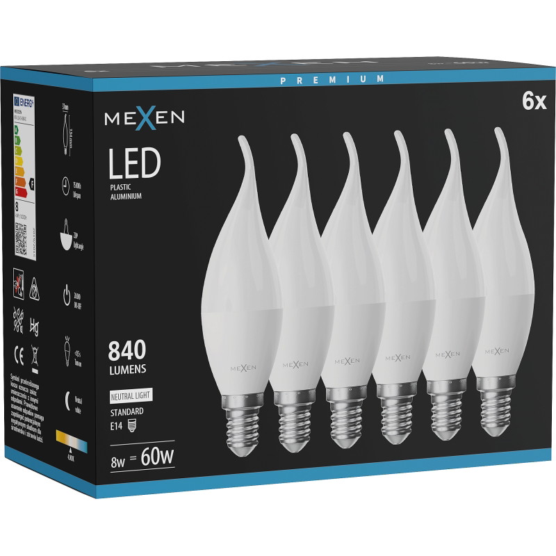 Mexen Nova 6x Ampoule LED flamme E14, C37, 8W, Neutre - 4000K, 840 lm - L106-E14-0840-01x06