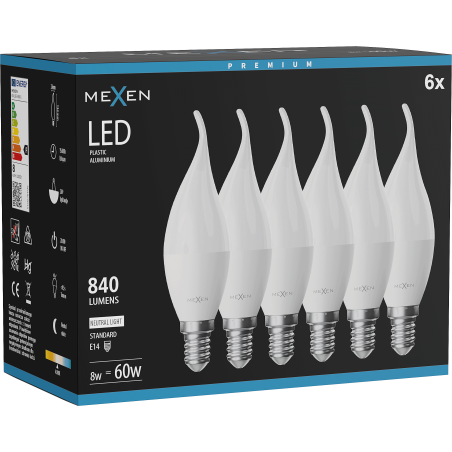 Mexen Nova 6x Ampoule LED flamme E14, C37, 8W, Neutre - 4000K, 840 lm - L106-E14-0840-01x06