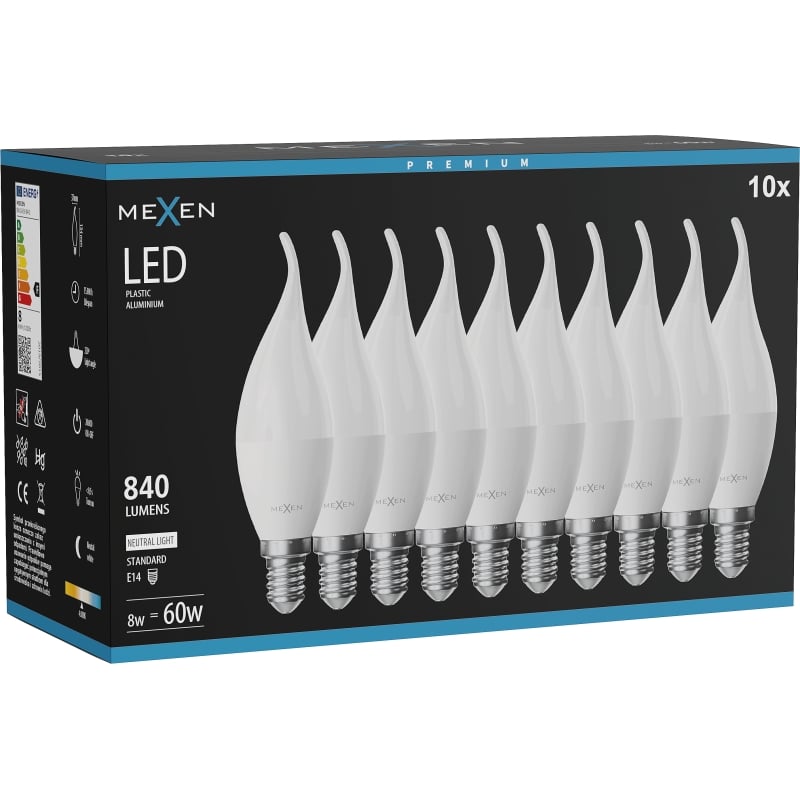 Mexen Nova 10x Ampoule LED flamme E14, C37, 8W, Neutre - 4000K, 840 lm - L106-E14-0840-01x10