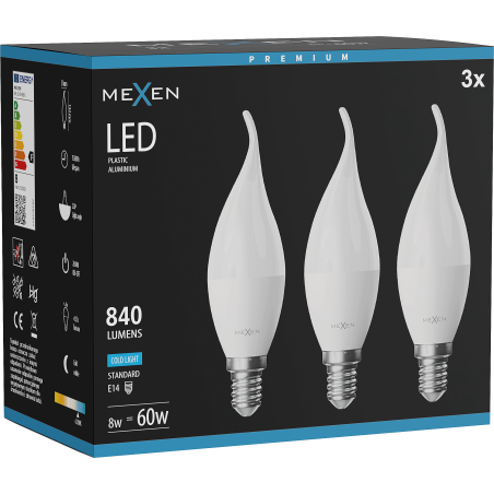 Mexen Nova 3x Ampoule LED flamme E14, C37, 8W, Froid - 6500K, 840 lm - L106-E14-0865-01x03