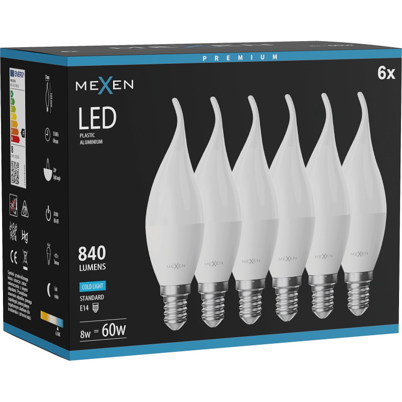 Mexen Nova 6x Ampoule LED flamme E14, C37, 8W, Froid - 6500K, 840 lm - L106-E14-0865-01x06