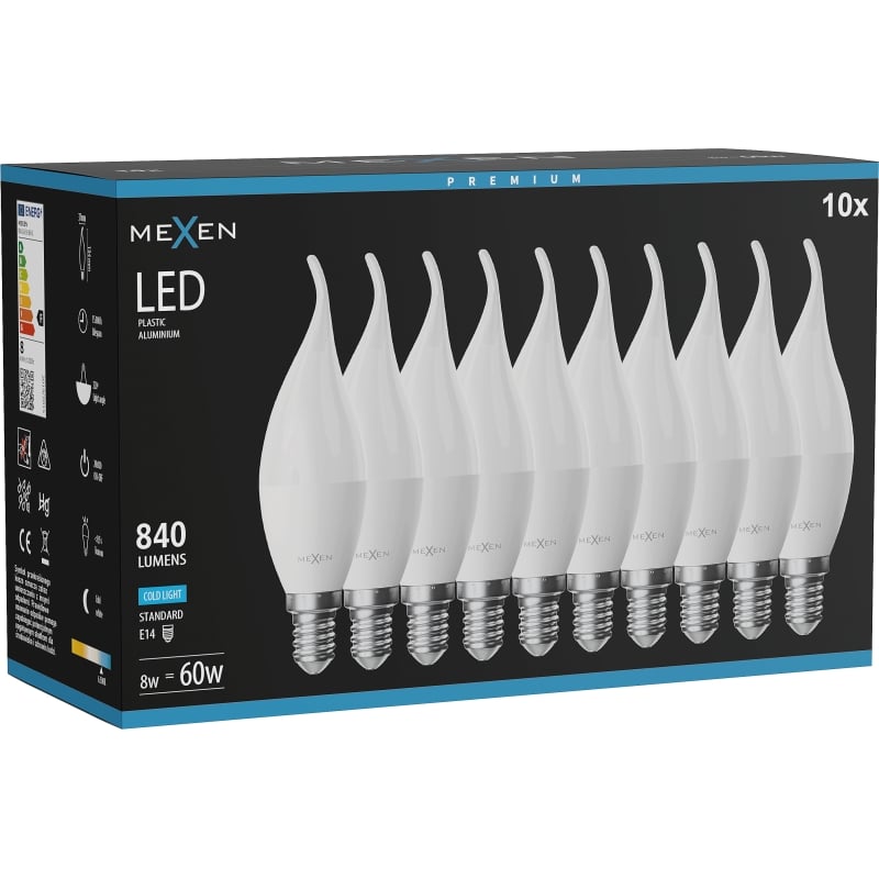 Mexen Nova 10x Ampoule LED flamme E14, C37, 8W, Froid - 6500K, 840 lm - L106-E14-0865-01x10