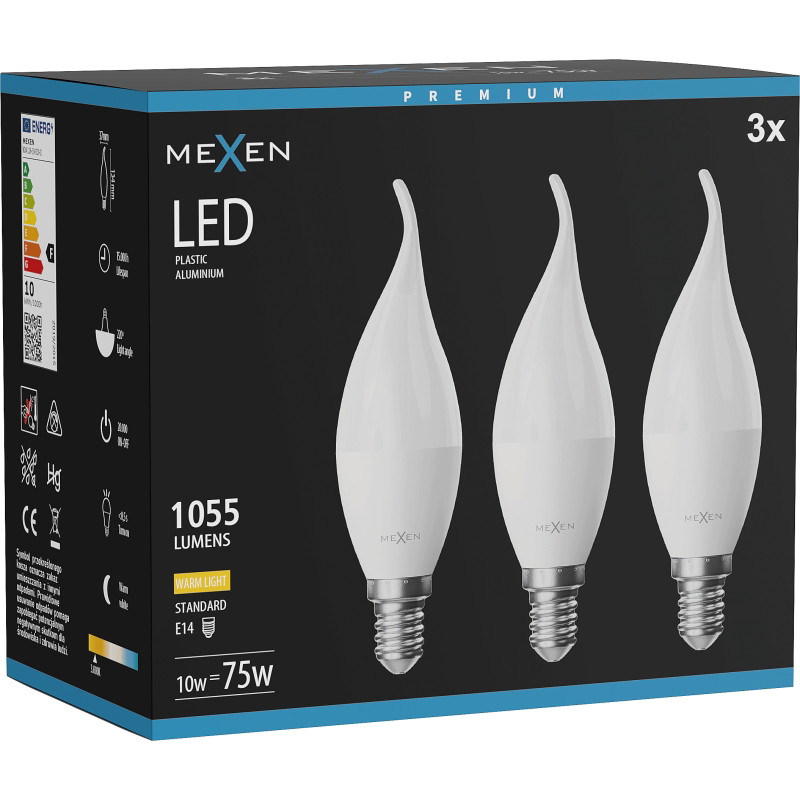 Mexen Nova 3x Ampoule LED flamme E14, C37, 10W, Chaude - 3000K, 1055 lm - L106-E14-1030-01x03