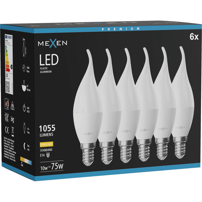 Mexen Nova 6x Ampoule LED flamme E14, C37, 10W, Chaud - 3000K, 1055 lm - L106-E14-1030-01x06