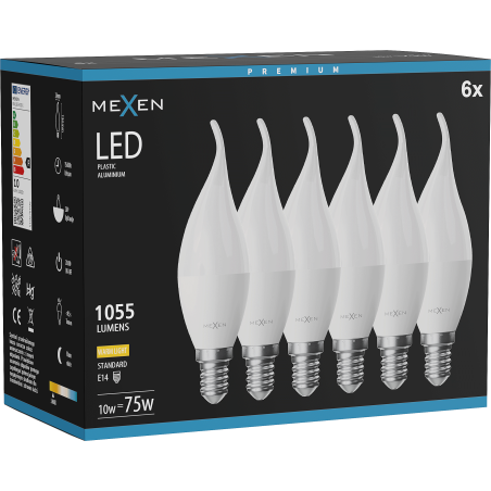 Mexen Nova 6x Ampoule LED flamme E14, C37, 10W, Chaud - 3000K, 1055 lm - L106-E14-1030-01x06