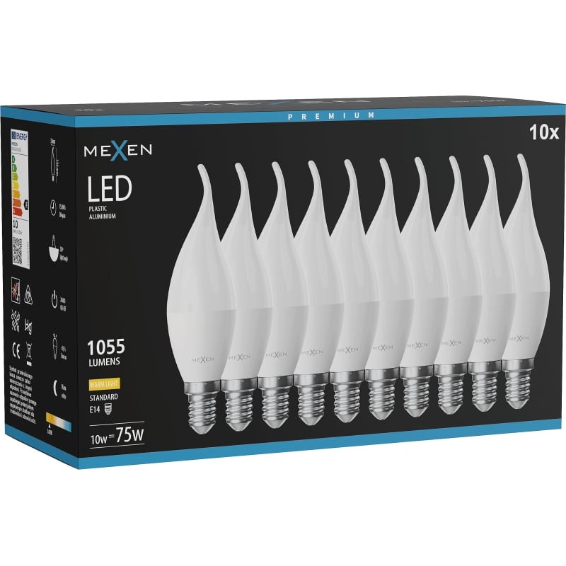 Mexen Nova 10x Ampoule LED flamme E14, C37, 10W, Chaud - 3000K, 1055 lm - L106-E14-1030-01x10
