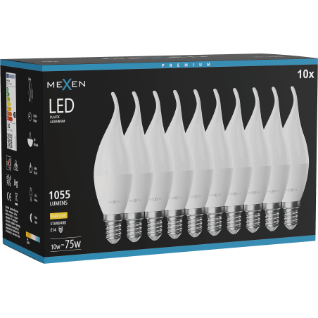 Mexen Nova 10x Ampoule LED flamme E14, C37, 10W, Chaud - 3000K, 1055 lm - L106-E14-1030-01x10