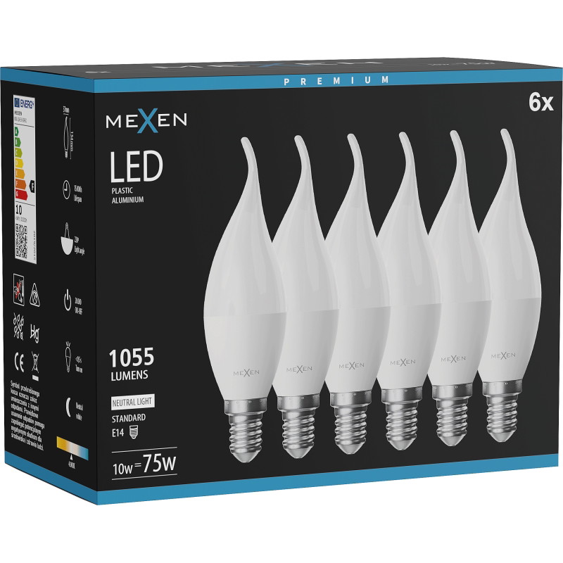 Mexen Nova 6x Ampoule LED flamme E14, C37, 10W, Neutre - 4000K, 1055 lm - L106-E14-1040-01x06