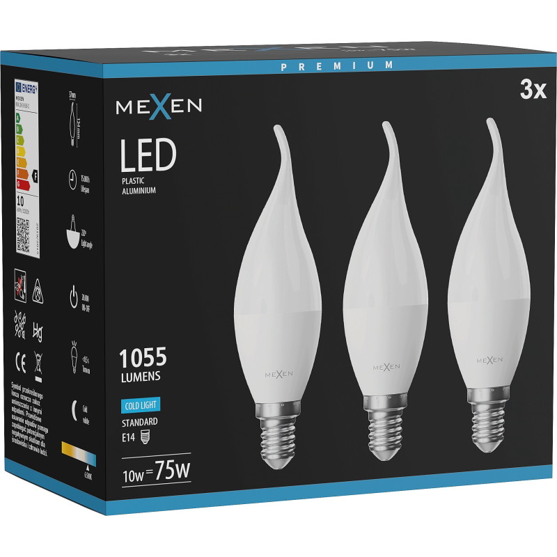 Mexen Nova 3x Ampoule LED flamme E14, C37, 10W, Froid - 6500K, 1055 lm - L106-E14-1065-01x03