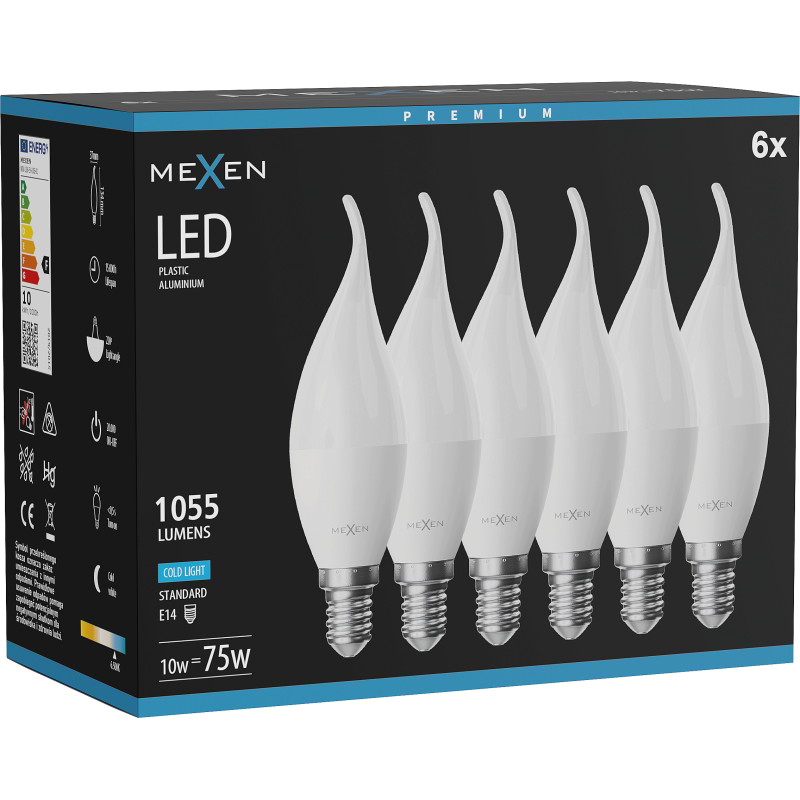 Mexen Nova 6x Ampoule LED flamme E14, C37, 10W, Froid - 6500K, 1055 lm - L106-E14-1065-01x06
