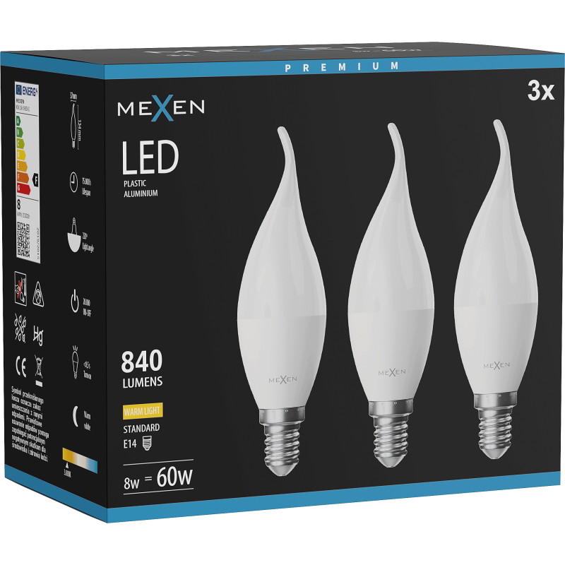 Mexen Nova 3x Ampoule LED flamme E14, C37, 8W, Chaude - 3000K, 840 lm - L106-E14-0830-01x03