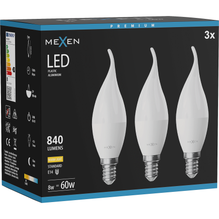 Mexen Nova 3x Ampoule LED flamme E14, C37, 8W, Chaude - 3000K, 840 lm - L106-E14-0830-01x03