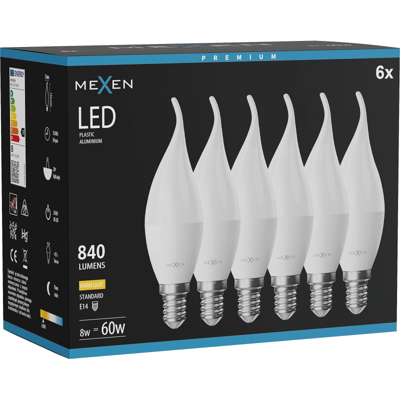 Mexen Nova 6x Ampoule LED flamme E14, C37, 8W, Chaude - 3000K, 840 lm - L106-E14-0830-01x06