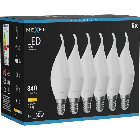 Mexen Nova 6x Ampoule LED flamme E14, C37, 8W, Chaude - 3000K, 840 lm - L106-E14-0830-01x06