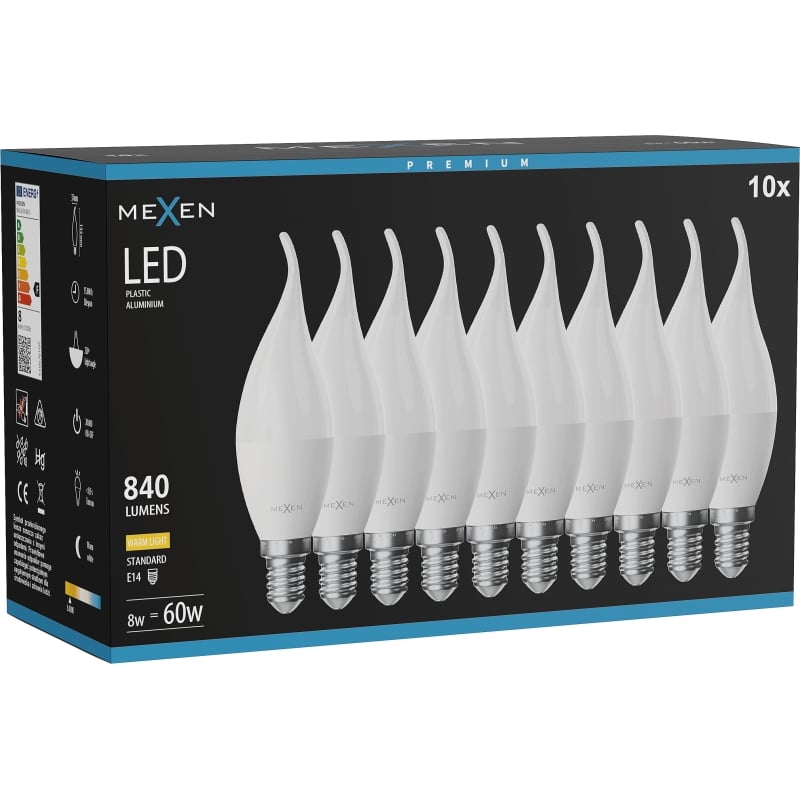 Mexen Nova 10x Ampoule LED flamme E14, C37, 8W, Chaude - 3000K, 840 lm - L106-E14-0830-01x10