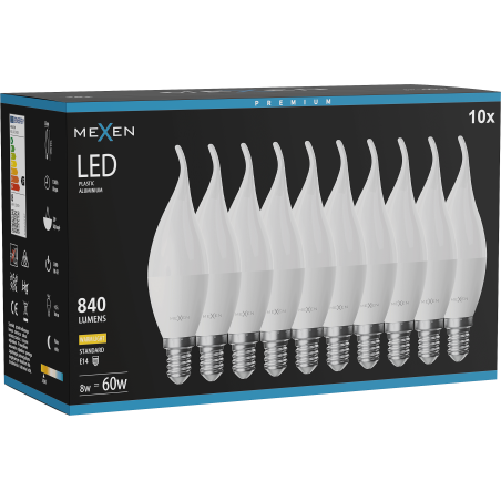 Mexen Nova 10x Ampoule LED flamme E14, C37, 8W, Chaude - 3000K, 840 lm - L106-E14-0830-01x10