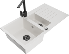 Mexen Matias évier en granit 1,5 bac avec égouttoir et mitigeur de cuisine Rita, blanc - 6502-20-670300-70