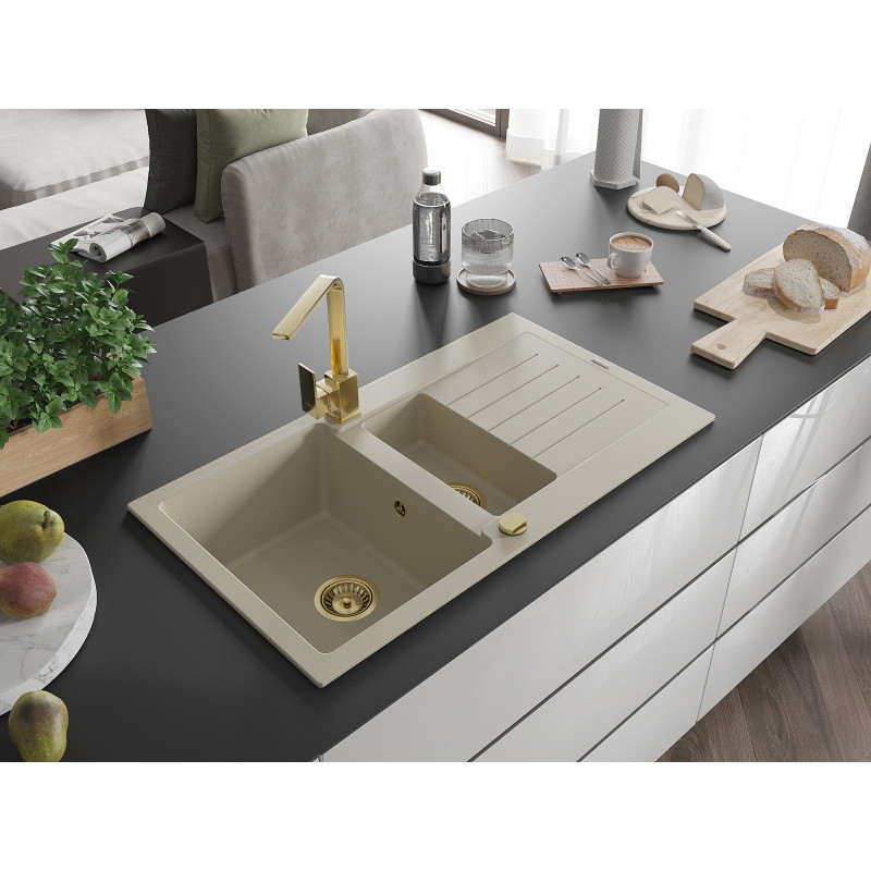 Mexen Matias évier en granit 1,5 cuves avec égouttoir et robinet de cuisine Rita, beige - 6502-69-670300-50