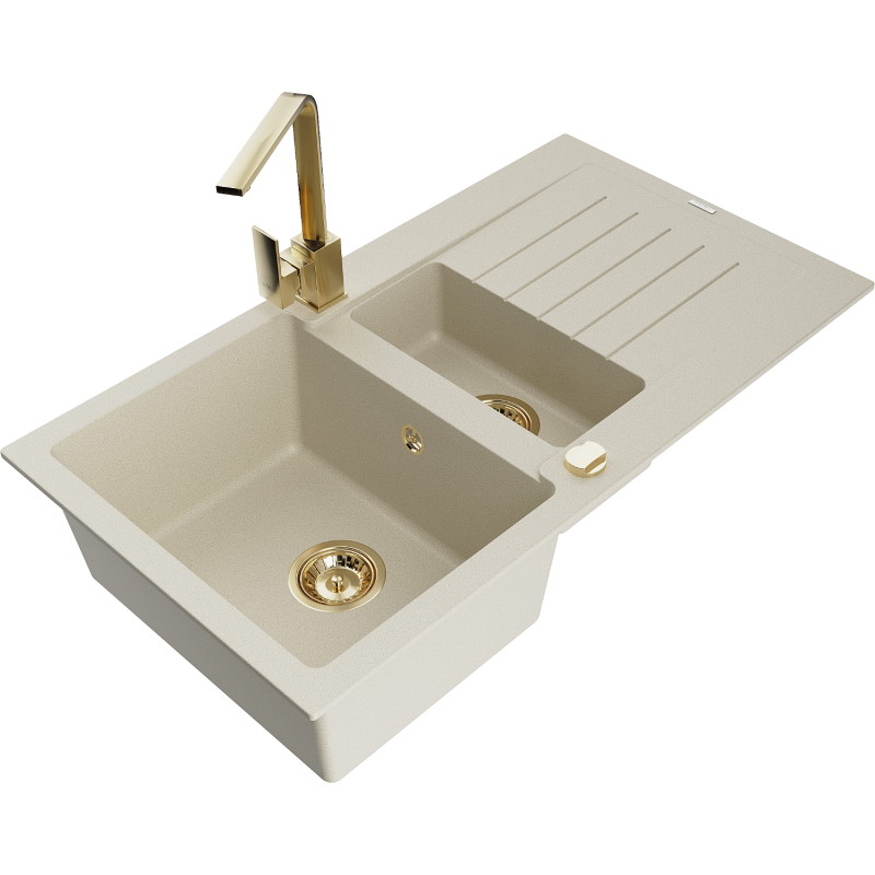 Mexen Matias évier en granit 1,5 cuves avec égouttoir et robinet de cuisine Rita, beige - 6502-69-670300-50