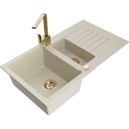 Mexen Matias évier en granit 1,5 cuves avec égouttoir et robinet de cuisine Rita, beige - 6502-69-670300-50