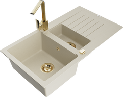 Mexen Matias évier en granit 1,5 cuves avec égouttoir et robinet de cuisine Rita, beige - 6502-69-670300-50