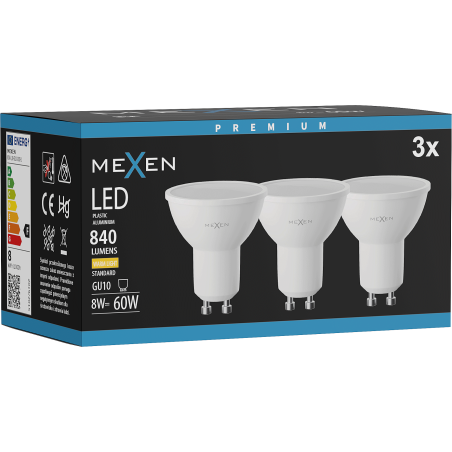 Mexen Nova 3x Ampoule LED GU10, 8W, Chaude - 3000K, 840 lm - L108-GU10-0830-01x03