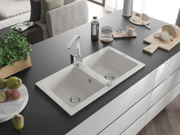 Mexen Mario évier en granit 2 bacs avec mitigeur de cuisine Rita, blanc - 6504-20-670300-00
