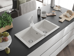 Mexen Mario évier en granit à 2 bacs avec robinet de cuisine Rita, blanc - 6504-20-670300-20