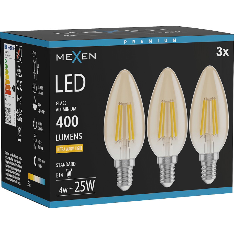 Mexen Vintis 3x Ampoule filament LED E14, C35, 4W, Chaude - 2200K, 400 lm, ambre - L154-E14-0422-50x03