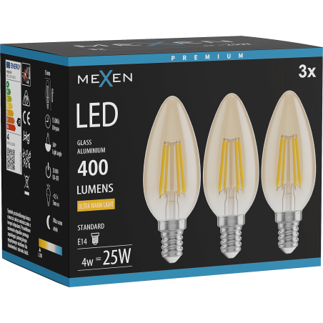 Mexen Vintis 3x Ampoule filament LED E14, C35, 4W, Chaude - 2200K, 400 lm, ambre - L154-E14-0422-50x03