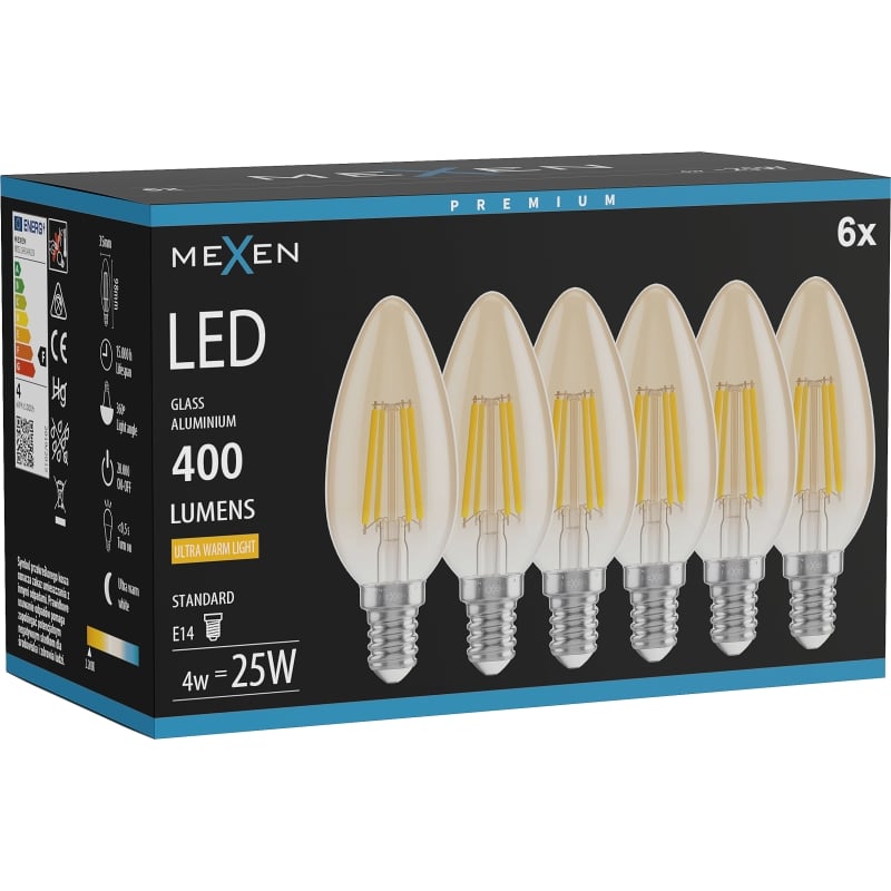 Mexen Vintis 6x Ampoule filament LED E14, C35, 4W, Chaud - 2200K, 400 lm, ambre - L154-E14-0422-50x06