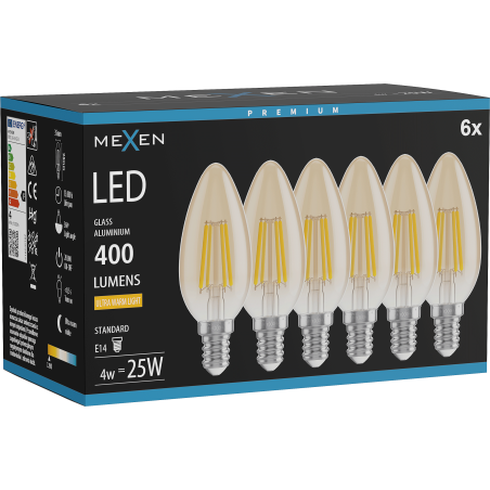 Mexen Vintis 6x Ampoule filament LED E14, C35, 4W, Chaud - 2200K, 400 lm, ambre - L154-E14-0422-50x06