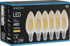 Mexen Vintis 6x Ampoule filament LED E14, C35, 4W, Chaud - 2200K, 400 lm, ambre - L154-E14-0422-50x06