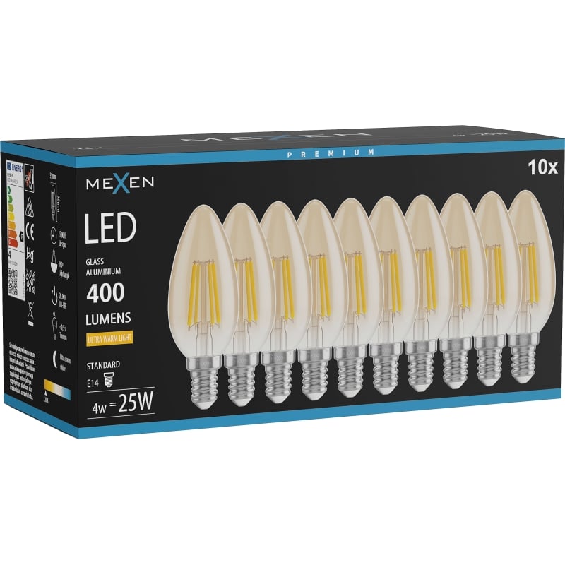 Mexen Vintis 10x Ampoule filament LED E14, C35, 4W, Chaude - 2200K, 400 lm, ambre - L154-E14-0422-50x10
