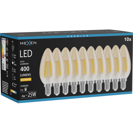 Mexen Vintis 10x Ampoule filament LED E14, C35, 4W, Chaude - 2200K, 400 lm, ambre - L154-E14-0422-50x10