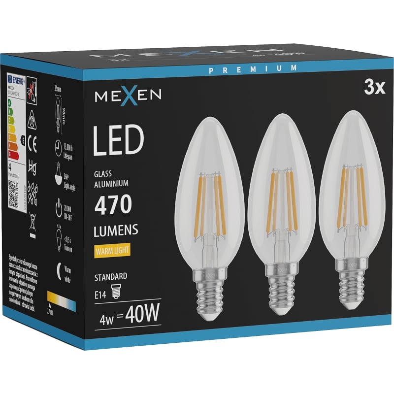 Mexen Vintis 3x Ampoule filament LED E14, C35, 4W, Chaude - 2700K, 470 lm, claire - L154-E14-0427-00x03