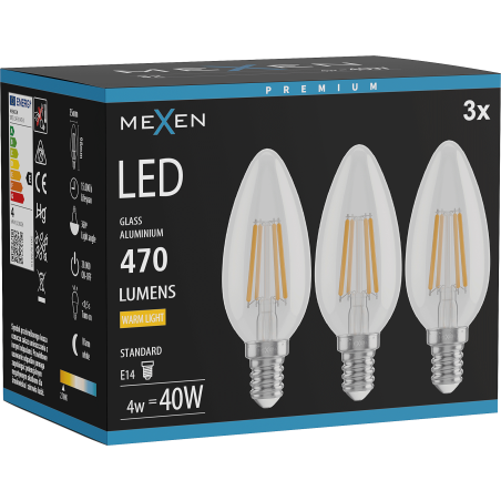 Mexen Vintis 3x Ampoule filament LED E14, C35, 4W, Chaude - 2700K, 470 lm, claire - L154-E14-0427-00x03