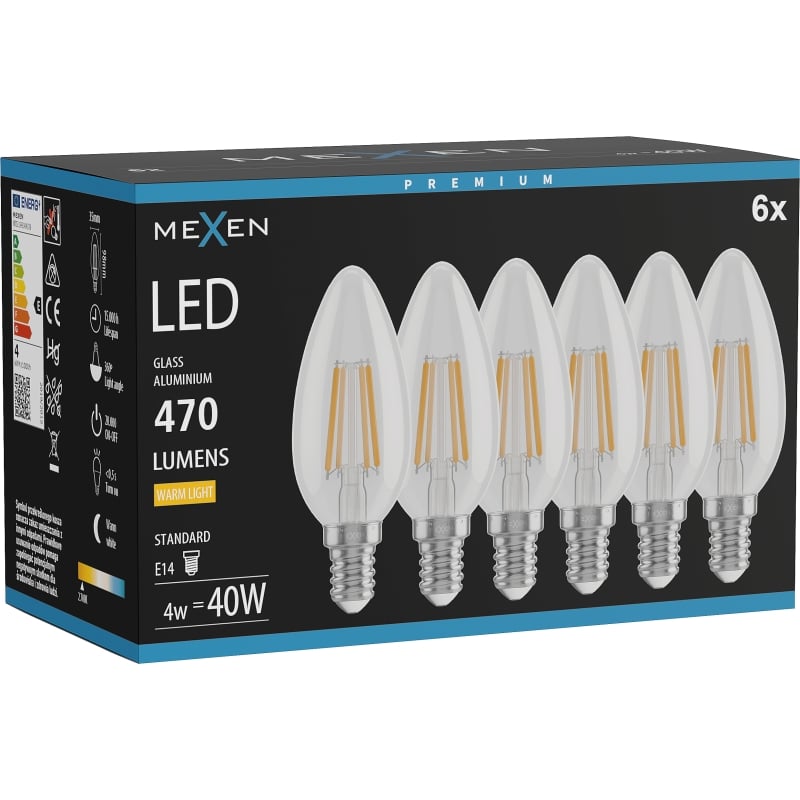 Mexen Vintis 6x Ampoule filament LED E14, C35, 4W, Chaude - 2700K, 470 lm, transparente - L154-E14-0427-00x06