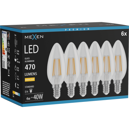 Mexen Vintis 6x Ampoule filament LED E14, C35, 4W, Chaude - 2700K, 470 lm, transparente - L154-E14-0427-00x06