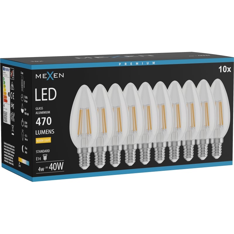 Mexen Vintis 10x Ampoule filament LED E14, C35, 4W, Chaude - 2700K, 470 lm, claire - L154-E14-0427-00x10